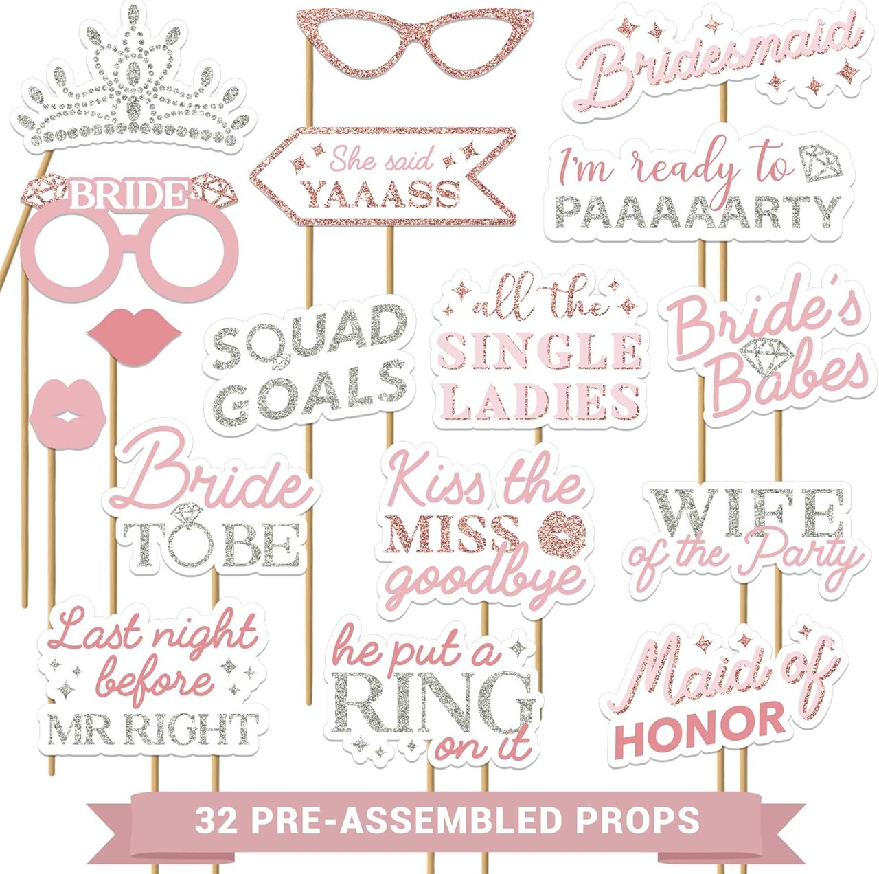 Fully Assembled Bachelorette Photo Booth Props - Set of 32 - Rose Gold, Pink, & Silver Signs, Wedding Bridal Shower Bachelorette Party Supplies & Decorations with Real Glitter